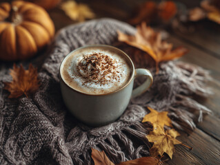Pumpkin spice latte with whipped cream in cozy autumn setting