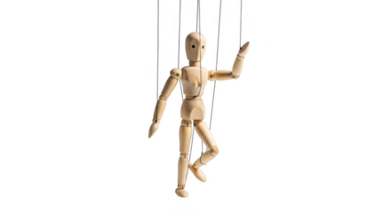 Wooden artist mannequin posing in dramatic light isolated on transparent background
