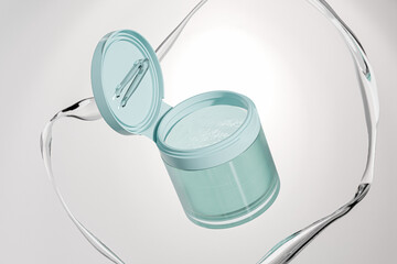 Cylindrical Plastic skincare Jars With Tweezers mockup, collagen moisturizing facial toner cotton pads packaging, blue Cream jar with Flip Cap cosmetic container, korean beauty skincare product © Salihah.K