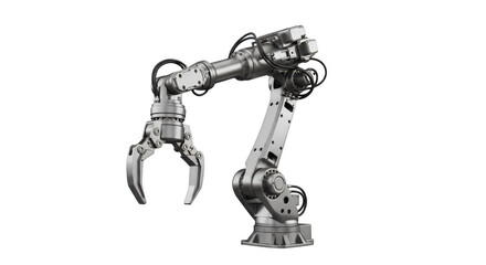 Naklejka premium Industrial Robotic Arm: A detailed view of a shiny metallic robotic arm, showcasing precision engineering. This high-tech marvel, a symbol of innovation and automation.