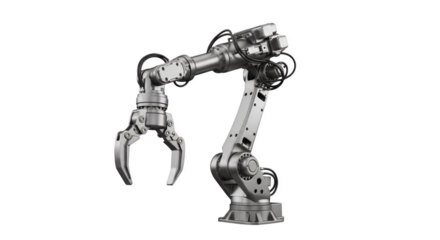 Industrial Robotic Arm: A detailed view of a shiny metallic robotic arm, showcasing precision engineering. This high-tech marvel, a symbol of innovation and automation.