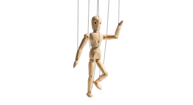 Wooden artist mannequin posing in dramatic light isolated on transparent background