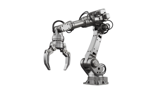 Industrial Robotic Arm: A detailed view of a shiny metallic robotic arm, showcasing precision engineering. This high-tech marvel, a symbol of innovation and automation. - Powered by Adobe