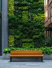 A bench in front of a green wall