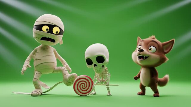 Cartoon mummy skeleton and werewolf playful scene against green screen halloween fun high quality professional