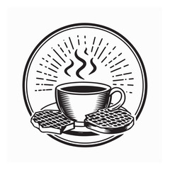 Steaming Hot Coffee and Waffles Logo Circle Design on white background