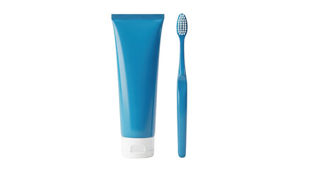 Blue toothpaste tube and toothbrush isolated on transparent background