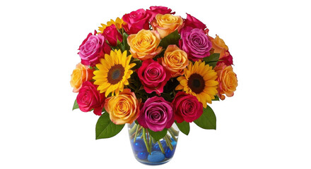 Vibrant bouquet of roses and sunflowers in a glass vase isolated on transparent background