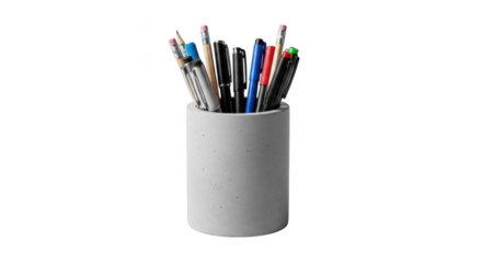 White pen holder filled with assorted pens isolated on transparent background