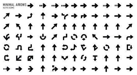 A comprehensive collection of minimal black solid arrow icons pointing in various directions on a white background.