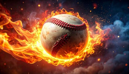 4K Fiery Baseball Animation – Cinematic Close-Up of Rotating Ball with Flames, Smoke Trails, Glowing Embers, and Dramatic Lighting Effects