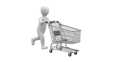 White 3d character pushing a shopping cart isolated on transparent background