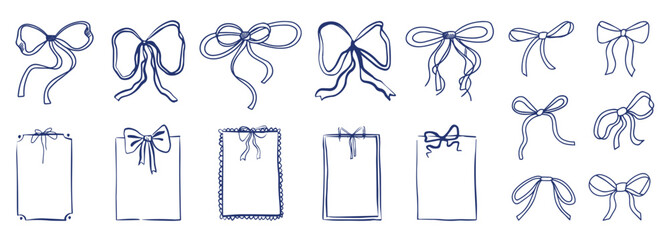 Vintage hand drawn bow bunting ribbon hand drawn collection border decoration wedding party set doodle sketch outline. illustration