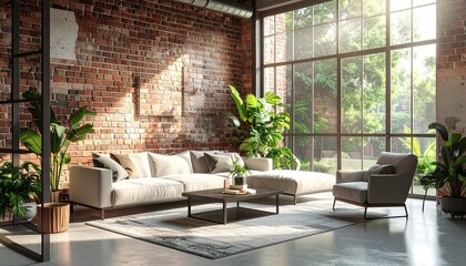 Modern loft living room with exposed brick and large windows.