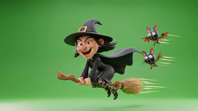 Cartoon witch riding broom with bats against green screen halloween spooky night high quality professional