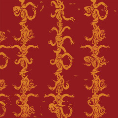 Intricate symmetrical totem pole pattern with cultural symbolism on red background, patern seamless, Stock royalty image.