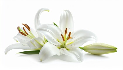 Obraz premium Elegant White Lilies Blooming on a Clean White Background.