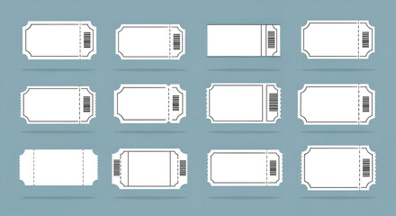 Collection of blank ticket templates with diverse borders and barcode design elements