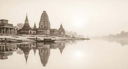 Obraz premium Ethereal reflection of ancient temples on tranquil riverbanks bathed in soft sepia light