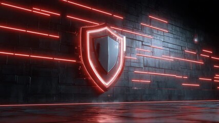 Digital shield emblem with glowing red lights on black wall  
