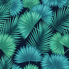 Obraz premium Lush tropical foliage pattern with vibrant palm leaves on dark background, seamless pattern, royalty stock.