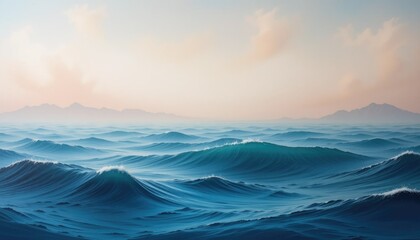 "An artistic wall painting of an ocean horizon, waves blending into the sky with subtle pastel tones and a calming atmosphere."
