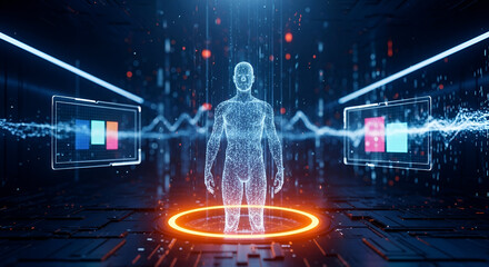 Futuristic representation of human health and data analysis through digital technology