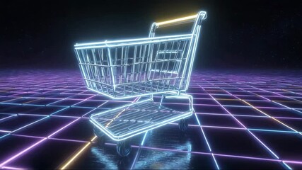 Neon shopping cart on glowing grid background in futuristic style   - Powered by Adobe