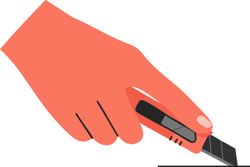 Fototapeta premium Hand holding utility knife cutting material for crafts or office work