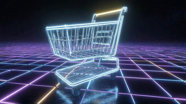 Neon shopping cart on glowing grid background in futuristic style  