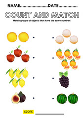 Count and Match Fruits Worksheet for Preschool Kids – Early Math Activity