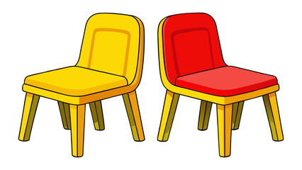 Kids plastic red yellow chairs simple and unique cartoon style modern empty comfortable stools for baby isolated on white background vector illustration.
