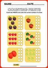 Counting Fruits Worksheet for Kids – Color the Correct Number of Circles (Math Activity Printable)