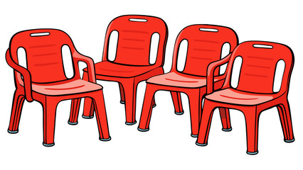 Kids plastic red chairs simple and unique cartoon style modern empty comfortable stools for baby isolated on white background vector illustration.
