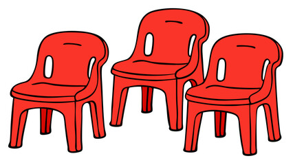 Kids plastic red chairs simple and unique cartoon style modern empty comfortable stools for baby isolated on white background vector illustration.
