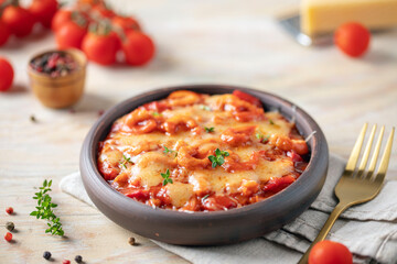 Karides guvec. Turkish cuisine. Baked shrimps with vegetables, tomato sauce and melted cheese