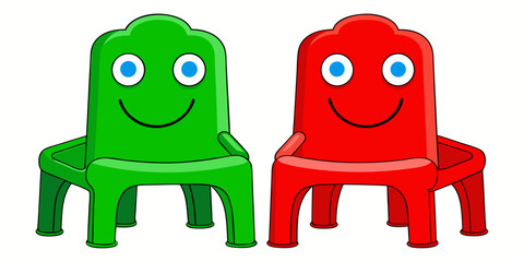 Kids plastic green red chairs simple and unique cartoon style modern empty comfortable stools for baby isolated on white background vector illustration.