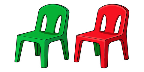 Kids plastic green red chairs simple and unique cartoon style modern empty comfortable stools for baby isolated on white background vector illustration.