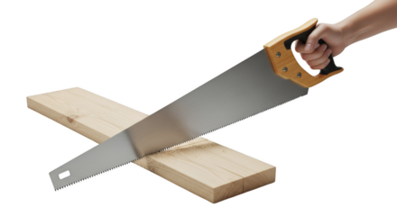 Sawing through Timber: A focused hand meticulously guides a hand saw across a wooden plank, poised mid-action in a studio setting