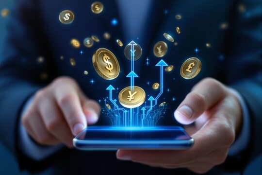 Businessman using smartphone with floating currency symbols and digital arrows representing financial growth and global money transfer concept. Ai generative