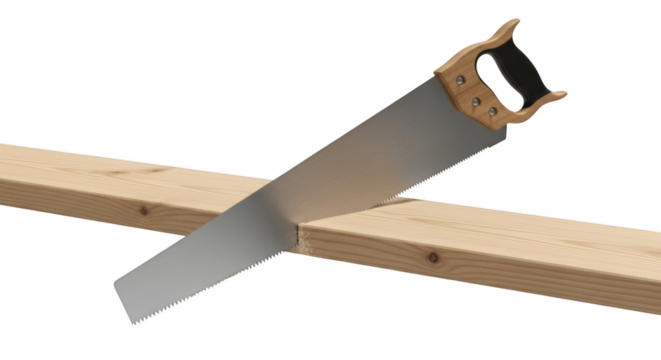 Hand Saw Cutting Wood: A close-up captures a hand saw in mid-action, slicing through a piece of wood, showcasing the precision and craftsmanship required for woodworking.