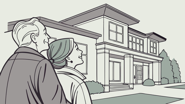 Couple admiring a modern house illustration home ownership real estate dream home family new home architecture design lifestyle happiness couple portrait vector art home exterior residential building.