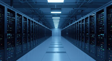Blue Lit Server Room with Data Racks and Central Aisle