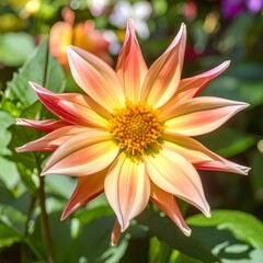 Obraz premium A stunning dahlia with sunset-colored petals of peach, yellow, and pink, showcasing a vibrant yellow center against a soft-focus green background.