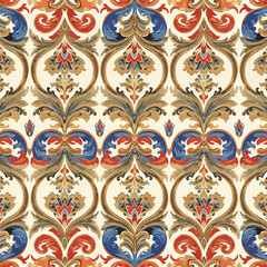 Ornate damask pattern with vintage floral elements in a seamless design style, seamless pattern, royalty stock.
