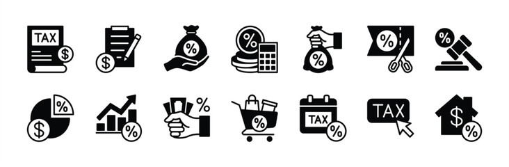 Tax icon vector set. Contains taxation, payment, form, document, refund, deduction, invoice, accounting, calculator, finance, wealth bill, law, property, calendar deadline, rate increase. Illustration