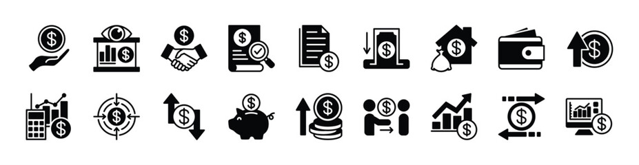Finance business icon set. Contains money, bank, payment, savings, currency, increase, profit growth, accounting, billfold, monitoring, deposit, agreements, target, document. Vector illustration