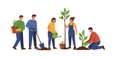Group planting trees and caring for environment