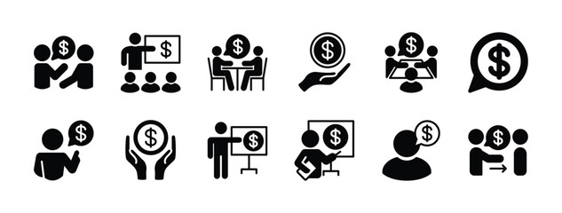Financial advisor icon vector set. Contains finance or financial conversation, communication, guide, meeting, guidance, discussion, leader, and help, loan fund. Illustration