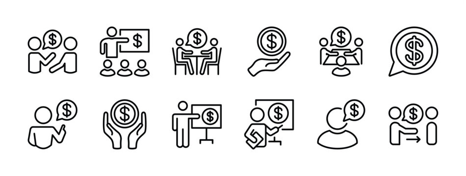 Financial advisor thin line icon set. Contains finance or financial conversation, communication, meeting, guide, guidance, discussion, leader, and help, loan fund. Vector illustration